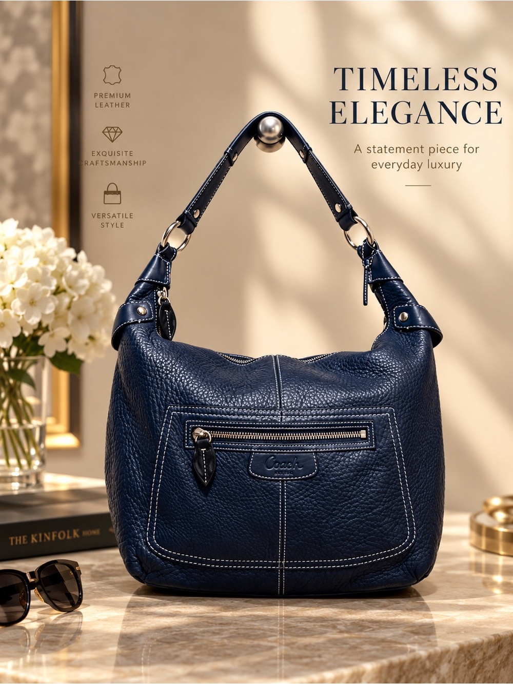 Vintage Y2K Coach Penelope Pebbled Leather Hobo in navy blue F14681